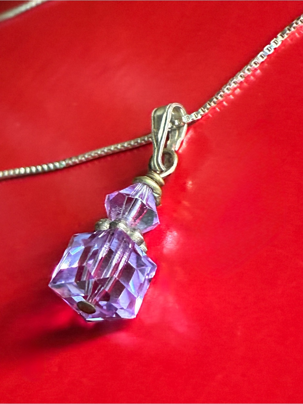 925 Silver Necklace,Elegant Purple Crystal Cube Pendant on Silver Chain Necklace - Picture 2 of 7